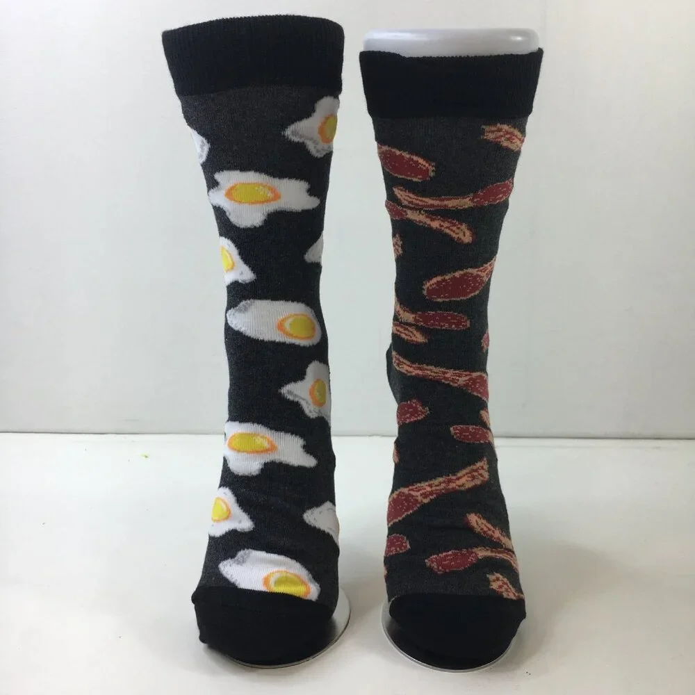 Bacon Eggs Funny Unisex Novelty Crew Socks 2 Pack Black Gray White Yellow Red